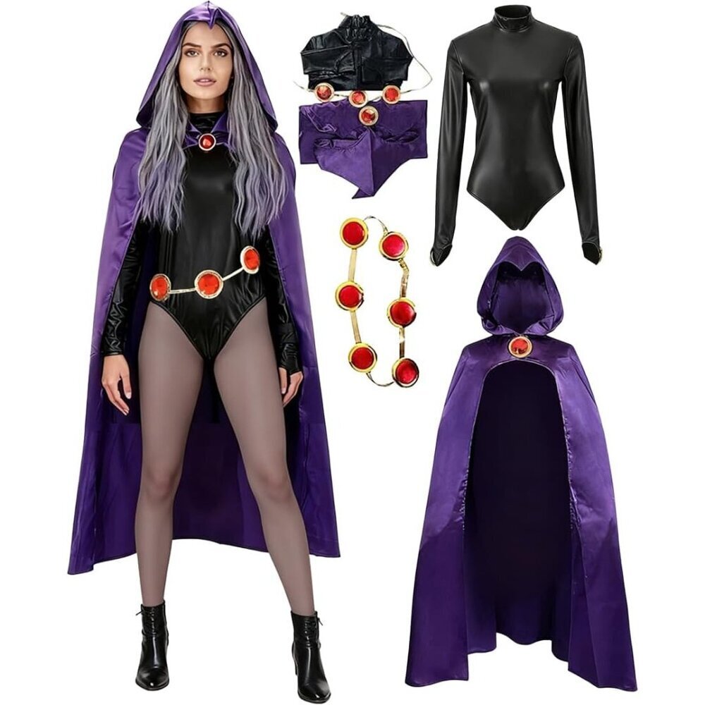 Women's Purple Raven Jumpsuit Costume Cloak with Belt Halloween Cosplay